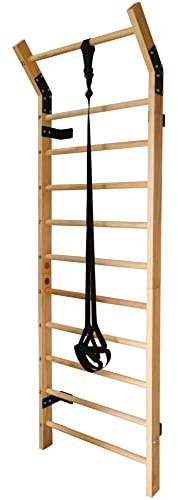 Swedish Ladder Wood Stall Bar Suspension Trainer – Physical Therapy & Gymnastics Ladder w/ 11 Strategic Rods and Training Strap. Solid Pine.