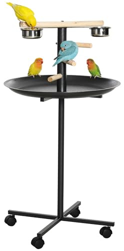 PawHut Bird Play Stand, Portable Parrot Perch, Bird Feeder Station, with Four Wheels, Stainless Steel Feeding Bowls, Round Tray, Grey