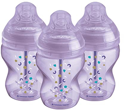 Tommee Tippee Advanced Anti-Colic Baby Bottle, 260ml, Slow-Flow Breast-Like Teat for a Natural Latch, Triple-Vented Anti-Colic Wand, Pack of 3, Purple/Pink