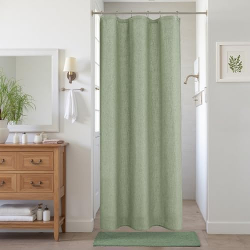 KOUFALL Salbeigrüner Bauernhaus-Duschvorhang für Badezimmer, Kleiner Stall, 91.4x183.3 cm, strukturierter Stoff, Leinenstoff, halb schmal, wasserdicht, Ensuite, Boho-Dekor