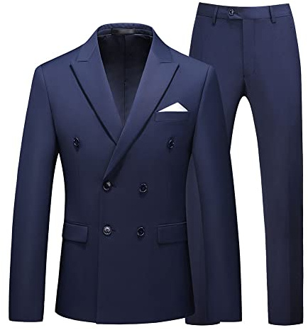 YOUTHUP Abito da Uomo 2 Pezzi Completo Doppio Petto Formale Slim Fit Tuta Peak Lapel Giacca e Pantaloni Blu Navy, M