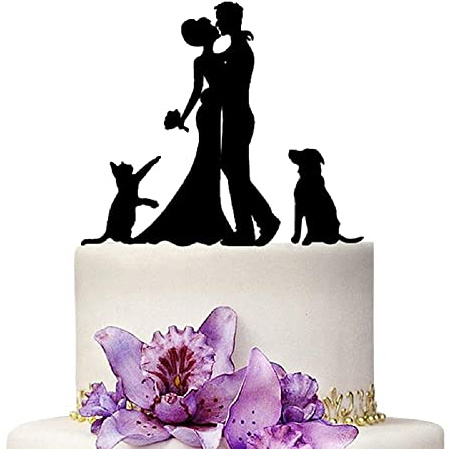 YAMI COCU Wedding Cake Toppers Bride and Groom Flower With Dog And Cat Animal Black Color Acrylic Silhouette Party Engagement Decoration