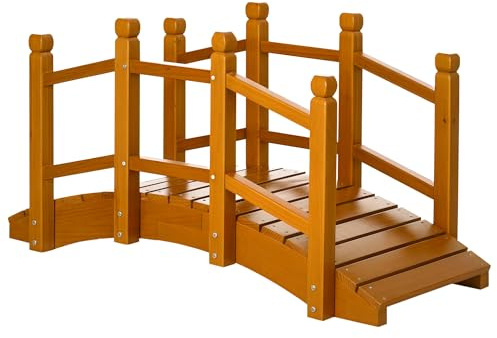 Outsunny Wooden Garden Bridge with Safety Railings, Arc Footbridge for Pond Backyard Stream, Brown