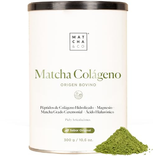 Matcha Collagen. Colágeno con Magnesio, Té Matcha y Ácido Hialurónico. Articulaciones, Piel y Uñas. 300 g en Polvo.