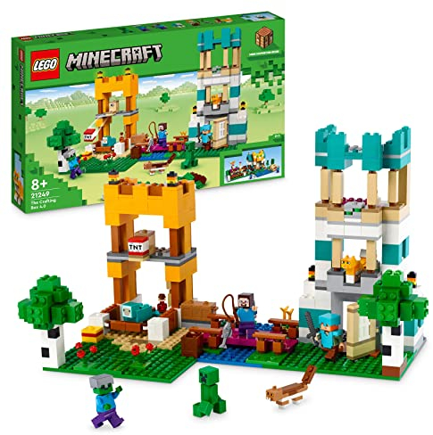 LEGO 21249 Minecraft The Crafting Box Age 8+ 4.0, 2in1 Playset; Build River Towers or Cat Cottage, with Alex, Steve, Creeper and Zombie Mobs Figures, Action Toys for Kids, Boys, Girls