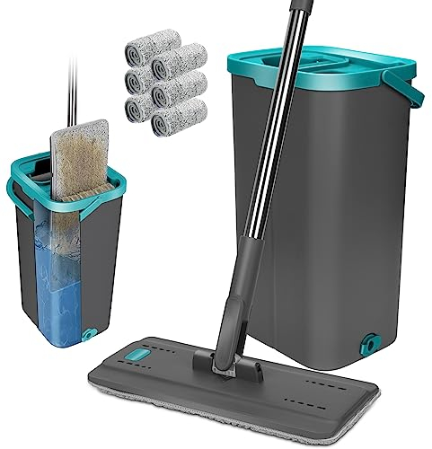 Masthome Bodenwischer Set mit Eimer,Wischmopp Set mit Eimer 2 In 1,Bodenwischer Set und 6 Mikrofaser Wischpads,Wischmopp mit Auswringfunktion für Hartholz Marmor Fliesen Bodenreinigung