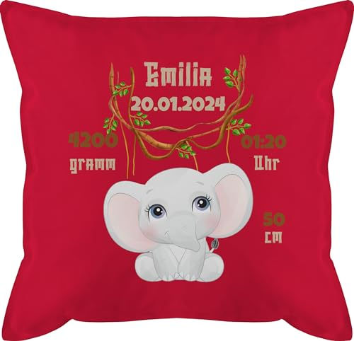 Kissen 50x50 - Geburtsgeschenk Elefant Datum Gewicht Uhrzeit Größe I Geschenk zur Geburt - 50 x 50 cm - Rot - personalisiertes geburtskissen personalisierte Baby Elefanten männerkissen Junge