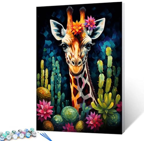 Tucocoo Malen nach Zahlen, Giraffe, Nahaufnahmen, 40 x 50 cm, Leinwand, Ölgemälde für Erwachsene, mit Pinseln und Acrylpigmenten, abstraktes Pflanzenkaktus, Tierbild für Heimdekorationn (ohne