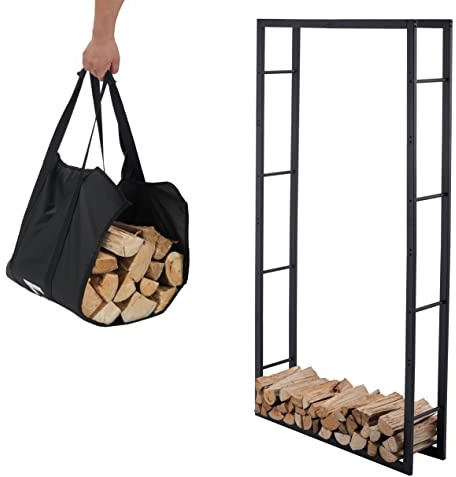 Lendo Online vedhylla 100 x 25 x 196 cm + bärväska – inomhus och utomhus – vedhylla – träförvaring – svart – metall