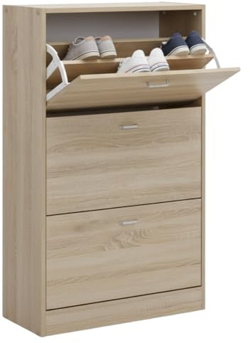Scarpiera Portascarpe in Legno MDF Melaminico Scaffali Ante a Ribalta Maniglie Grigio Satinato Doppia Profondità Adatta a Scarpe Stivali Ciabatte Tacchi Istruzioni Incluse (3 Ante, Rovere)