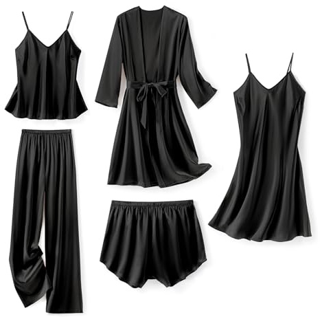 SAPJON Silk Pajamas for Women 5Pcs Sleepwear Loungewear Satin Robe Cami Shorts Pj Set Black