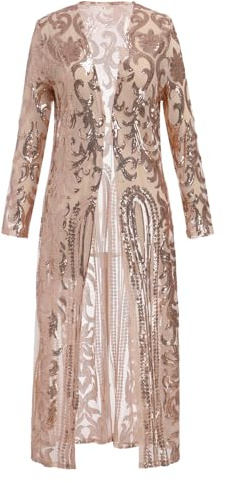 FYMNSI Women Sparkling Sequin Cardigan Duster Long Jacket See Through Mesh Open Front Long Sleeve Dressy Coats for Evening Party Pageant