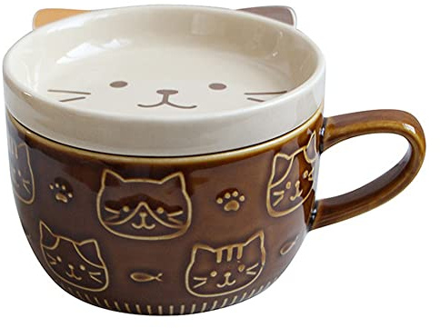 caapmony Tasses à café créatives en céramique avec Couvercle, Motif Chat Mignon, Tasses en Porcelaine, Famille, déjeuner, Lait, jus, ()