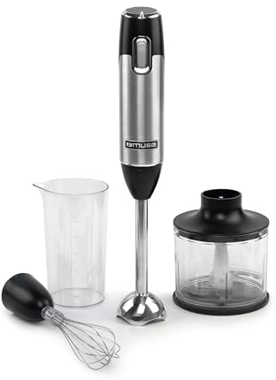 Muse MS-05 HB Hand Blender Muse, 600W Leistung, Edelstahl Blender, Variable Geschwindigkeit, Mit Becher und Zerkleinerer Schüssel, Leicht zu Reinigen, Küchengerät, Elektrischer Handmixer