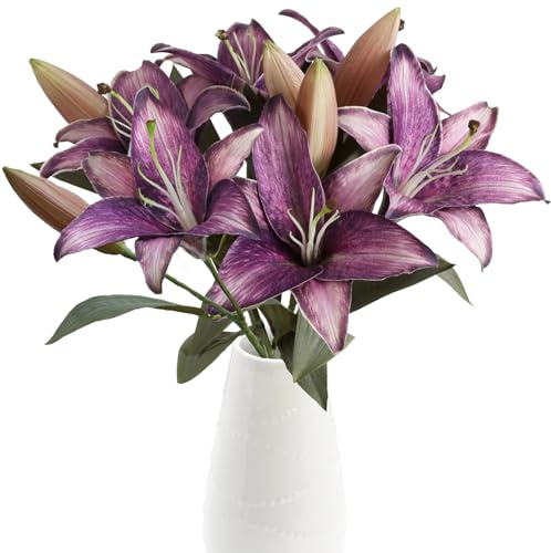 Libeking Fiori di giglio di seta viola, 6 pezzi, fiori finti vintage, per vaso, fiori finti viola, fiori artificiali per la decorazione della casa, interni, feste di nozze (viola)