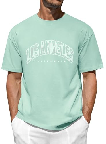 FemiChic Oversized Tshirt Herren Basic Baumwolle T-Shirt Men's Coole Shirt Sommer mit Los Angles Kreatives Alphabet Classic Vintage Style(Grün,XL)