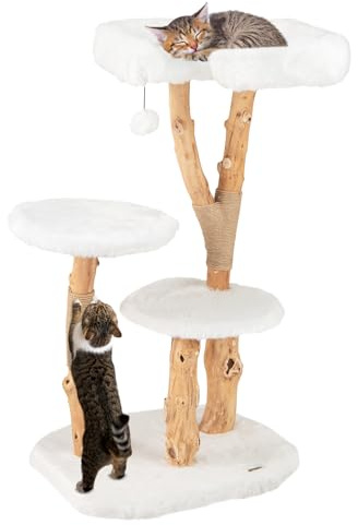 SOARS Kratzbaum Holz, Katzenbaum mit 3 natürlichen Birnbaumstämmen, Katzenbett & Plüschflächen, Katzenkratzbaum mit Spielball, Juteseil, Katzenmöbel, mehrstöckig, 59 x 49 x 110cm