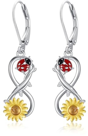 Örhängen i 925 sterlingsilver, solros och nyckelpiga design, oändlighetsform med bärnstens-accent, häcklås