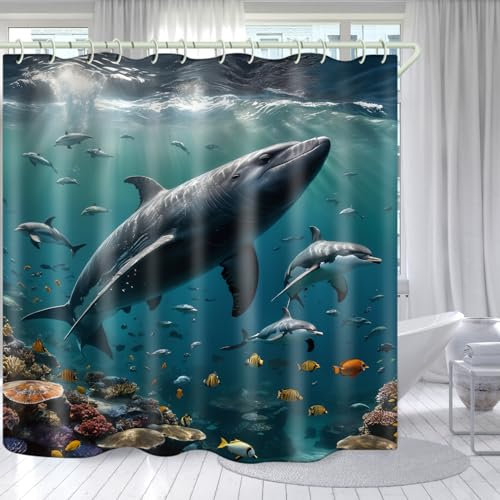 LYFANS Badezimmer mit Meeresboden Big Fish 3D-Duschvorhang, luxuriöser Badewannen-Standard-Duschvorhang, wasserdichter und heller Stoff-Duschvorhang, mit 12 weißen Haken, Größe (183,9 x 183,9 cm)