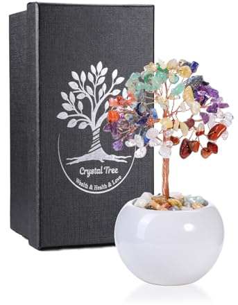 JSDDE Bonsai Arbre de Vie en Pierres Naturelles Porte-Bonheur Arbre de Cristal Feng Shui Pierres et Cristaux Vase en Céramique Guérison Reiki Lithotherapie Décoration Intérieurs 13-14cm (7 Chakra)