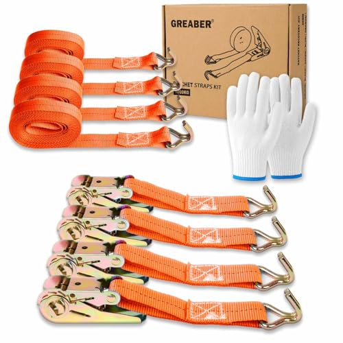 Ratchet Straps (4-Pack) with 1x Work Gloves, 1000kg Break Strength, 5m x 2.5cm Heavy Duty Tie Down Strap Set with Metal Hooks for Trucks,Moving,Motorcycles,Trailer,Cargo (Orange)