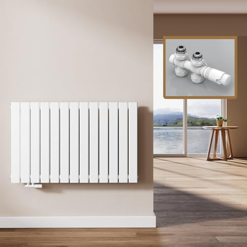 EMKE Design Heizkörper Flach mit Multiblock 630x1006 mm Horizontal Flachheizkörper mit Seitenanschluss, Doppellagig Weiß Paneelheizkörper Wandheizkörper für Bad, Schlafzimmer & Wohnzimmer, 1308W