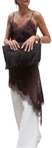 Seyurigaoka Women Lace Satin Camisole Long Tops Spaghetti Strap Low Cut Slip Dress Party Club Swing Dress Streatwear(C-Coffee,Small)