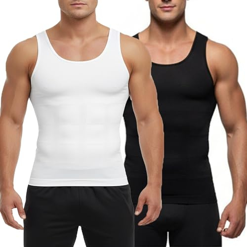 Men Compression Shirt Vest 2 Pack Slimming Body Shaper Tummy Control Shapewear Tank Tops Waist Trainer Tight Shapewear Seamless Undershirts Compression Vest (M)