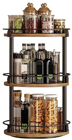 Skivspelare för kök, kryddställ, kaffesirap organiseringshylla, 3-nivåers träcirkel roterande kryddhållare, multifunktionellt hem retro hyllstativ för köksbänk, skåp, matbord, byrå