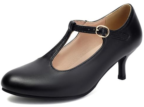 Qynthra Dam T-rem kattunge klack pumps retro Mary Jane domstol skor för kväll cocktail bröllop kontor kläder, Svart, 42 EU
