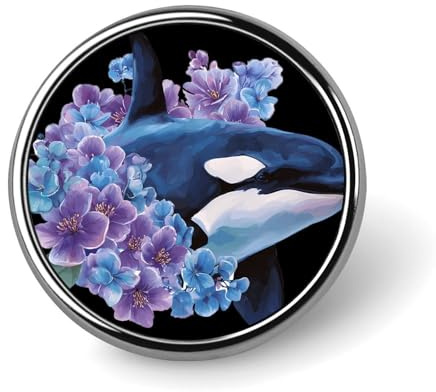 Killer Whale Pansy Purple Flowers Round Pin Brooch Badge Button Stylish Aluminum Decorative for Clothes Backpacks Hats