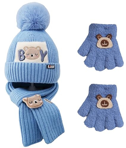 ZXTGBQ 3 Piezas Conjunto De Punto Sombrero Bufanda Guantes, Conjunto de Gorro de Punto Invierno Térmico y Bufanda, Caliente Bufanda Guantes Gorro De Invierno Set, Regalo Para Unisex 3-6 AñOs