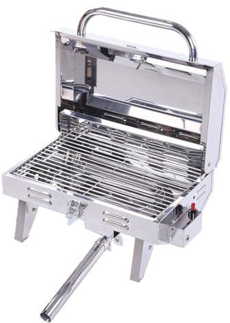 Fockety Gasgrill, 304 Rostfritt Stål 12000 BTU Båtgrill, med Stånghållarfäste, 200 Kvadrattums Matlagningsyta och Hopfällbara Ben för Båtliv, Baklucka och Camping