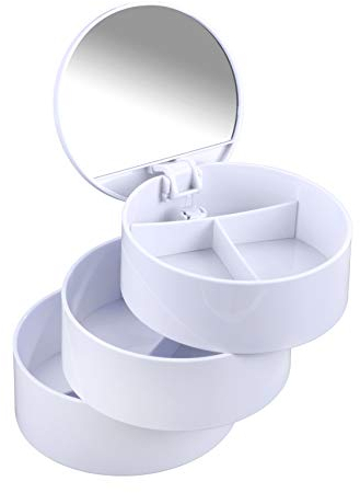 WENKO Kosmetik Tower Weiß - Kosmetik Organizer mit 3 drehbaren Fächern und Spiegel, Kunststoff (ABS), 13 x 14 x 13 cm, Weiß, 14 x 13 x 13 cm