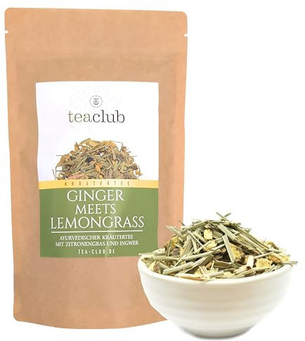 TeaClub Ayurvedischer Kräutertee Lose 100g – Ingwer Zitronengras Herbal Tea | Koffeinfreier Ayurveda-Tee, Ingwer, Zitronengras & Süßholzwurzel, natürliche Süße, Süßholzwurzel Tee Mischung glutenfrei