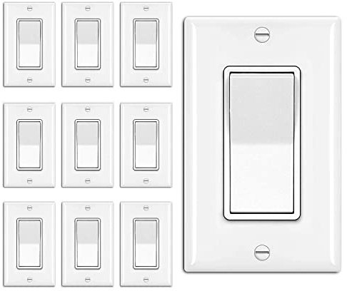 BESTTEN 10 Pack 3-Way Decorator Wall Light Switch with Wallplate, 15A 120V/277V, Single Pole or Three Way, On/Off Paddle Rocker Interrupter, UL Listed, White