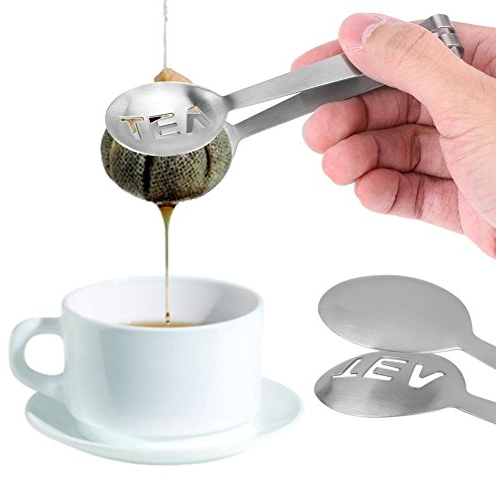 Spoon Shaped Tea Bag Squeezer/Holder Gadget, Round Stainless Steel Teabag Tong Strainer Holder Kitchen Bar
