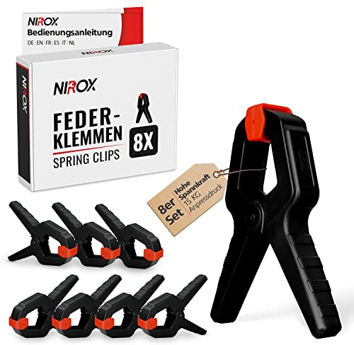 Nirox 8er Set Federklemmen - Klemmzwingen mit großer Spannweite - Hohe Spannkraft der Federzwingen - Leimzwingen mit beweglichen und geriffelten Klemmbacken - Einhandzwingen Schwarz