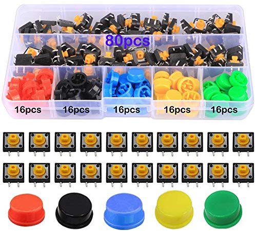 GTIWUNG 160 Piezas 12 x 12 x 7.3 mm Interruptor de Boton Momentaneo Tactil, Micro Interruptor, Interruptor Táctil Momentáneo, con 5 Colores Ronda Tapa, Utilizado para PCB
