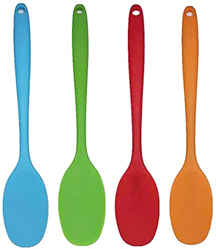 4 Stück Silikon Löffel, BetterJonny 28.3 cm Länge Teigschaber Spatel Kochlöffel Küchenlöffel Set mit langem Griff Hitzebeständig bis 230℃ für Kochen und Backen Blau Rot Grün Orange