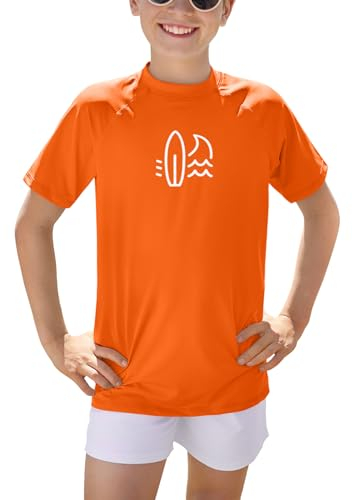 BesserBay Jungen Kinder Druck Badeshirt Bademode Schwimmshirt UV Shirt mit UV-Shutz Orange Rashguard 120