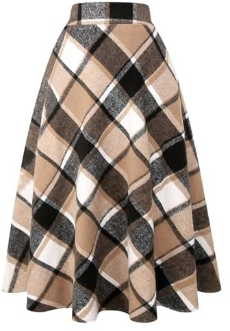IDEALSANXUN Plaid Skirts for Women 2025 Fall Winter Wool Tartan Tweed Flannel Corduroy Sweater Long Skirt, Brown New, M