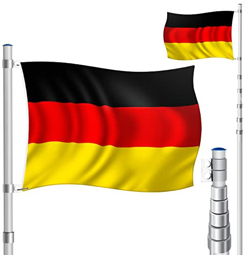 KESSER® Teleskop Fahnenmast Aluminium 6,30m Bodenhülse 60cm inkl Deutschlandfahne Höhenverstellbar Flaggenmast Mast Deutschland Flagge Alu (Silber)