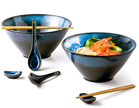 HENXFEN LEAD Set of 2 Ceramic Ramen Bowl, Noodle Bowls with Spoons & Chopsticks (8 Piece), Porcelain Bowls for Soup, Udon, Pasta, Salad and Cereal, Dishwasher Microwave Safe, Blue