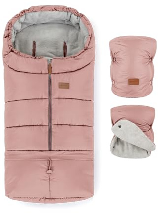 Petite&Mars Fußsack für Kinderwagen, Buggy und Autositz JIBOT * Warrm Wasserdicht Winddicht * mit vertikale Gurtschlitze * Winterfußsack mit Handwärmer * Handschuhe (Dusty Pink Set)