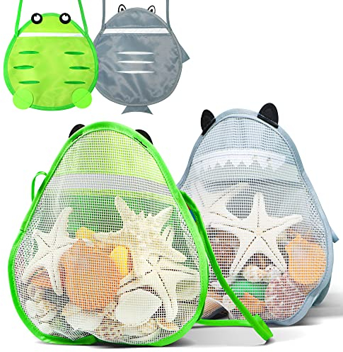 NOVELTY PLACE Sea Shell Bag for Kids, Shell Collecting Picking Up Holding Mesh Shells Bags with Strap for Children, Beach Sand Toy Seashell Bag Green & Grey (Pack of 2)