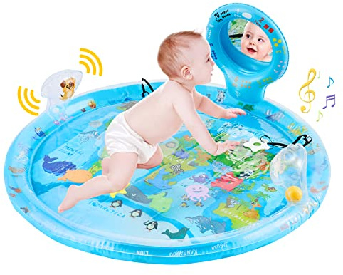 Tummy Time Mat Extra Large 31.5×31.5 for 3-12 Months Baby, Inflatable Water Playmat with Mirror, Teethers, Rattles & Squeaker, Sensory Activity Center for Motor Development, Visual Stimulation