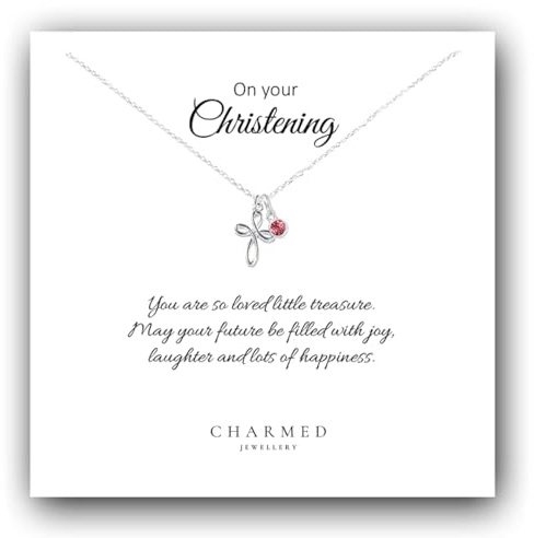 On Your Christening Eternity Cross Birthstone Necklace in 925 Sterling Silver | Personalised Christening Gift for Girls | Baptism Jewellery Keepsake | Adjustable 16–18 Chain
