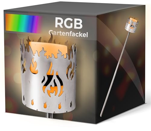 Novaliv Gartenfackel RGB LED Leuchte Motiv Feuer - Rost Lampe Gartenlampe RGB LED Leuchte für draußen Gartenleuchte Fackel Garten