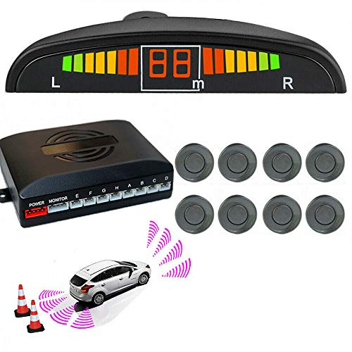 Riloer Car Reverse Parking Radar System 8 Reversing Sensors Kit with Front and Rear Alarm Buzzer Reminder LED Display Safe Driving Gray Car Parking Sensor (Gray)